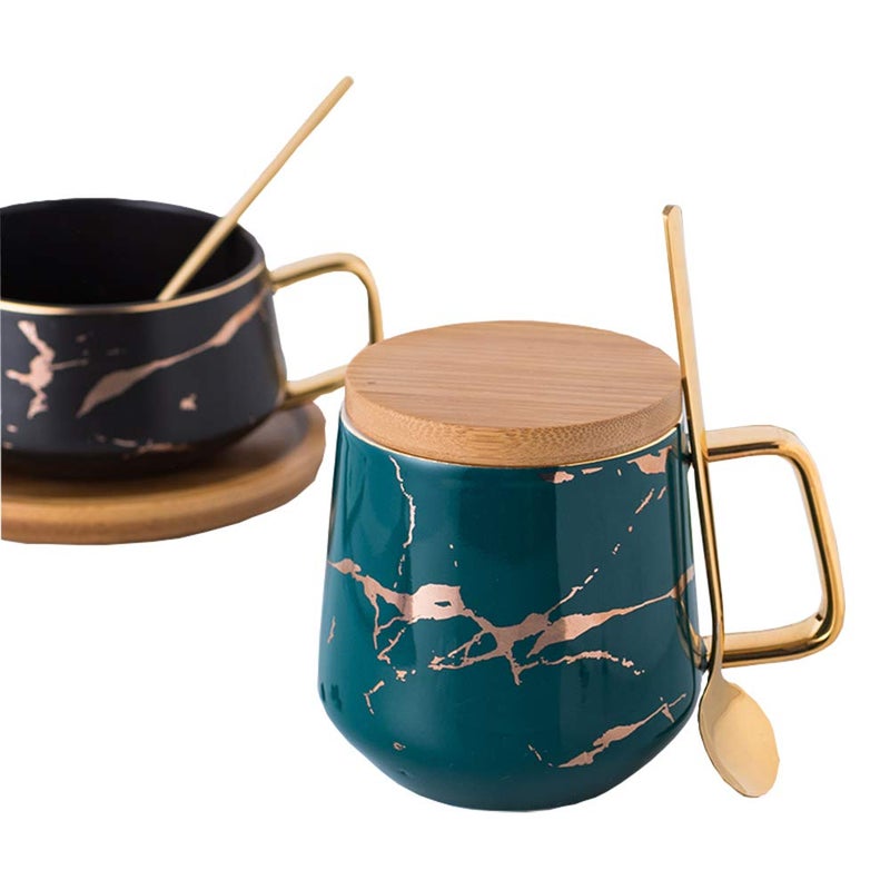 Eplze YBK Tech Porcelain Tea Cup Coffee Mug Set for Afternoon Tea - Marble Pattern (Green, Tall 400ml + wood lid) - Image 5
